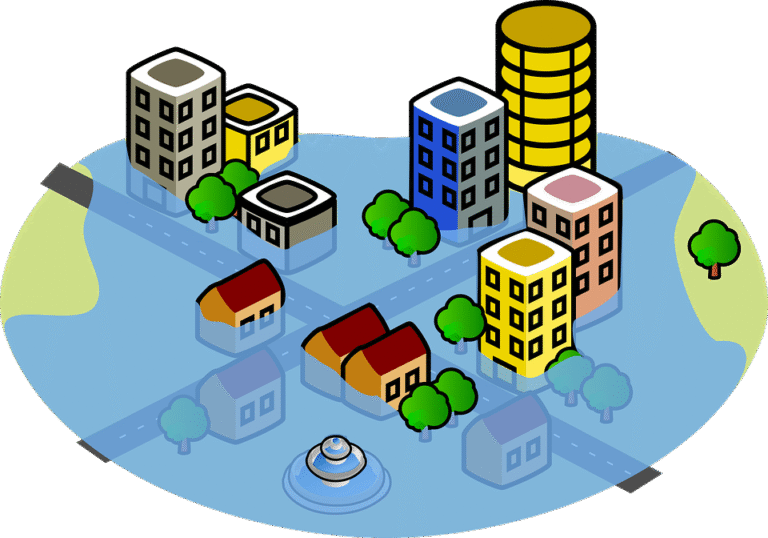 Illustrazione in stile cartoon di una città con edifici, case, alberi, strade che si intersecano e una fontana rotonda, il tutto riflesso su una superficie blu che ricorda l'acqua.