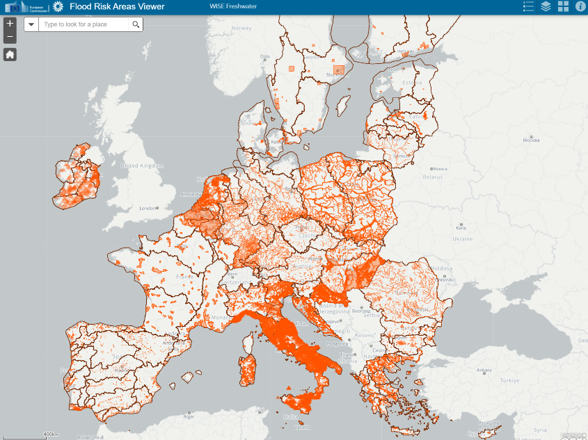 Mappa delle aree a rischio alluvioni e inondazioni in Europa e Italia, evidenziando le zone più vulnerabili.