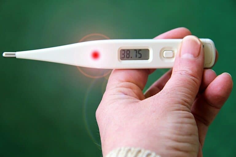 Una mano regge un termometro digitale che mostra una temperatura di 38,7°C su uno sfondo verde, sottolineando l'importanza della gestione del rischio ISO 31000 nel monitoraggio e nel controllo dei rischi per la salute.